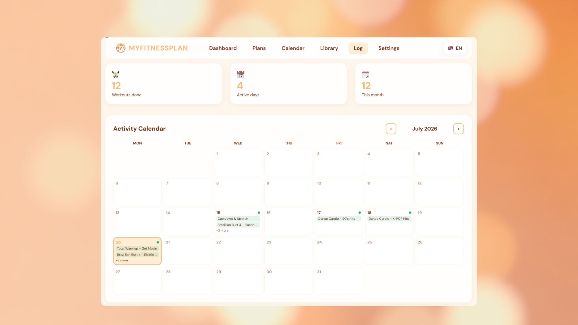 Workout calendar tracking completed sessions